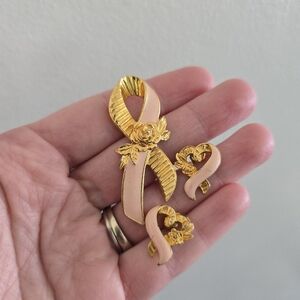 AVON Vintage Pink Ribbon Breast Cancer Awareness Gold Tone Earrings Brooch